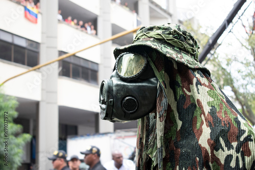 Soldier with special suit and gas mask, Military with CBRN protective gear, Armed forces training with chemical defense suit. High quality photo