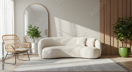 Modern Living Room with Cream Sofa, Rattan Chairs, and Potted Plants