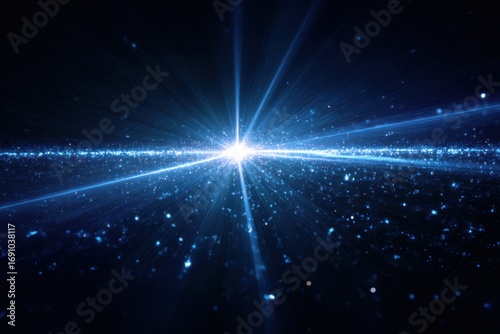 Cosmic burst of light radiating from a central point in a dark space filled with glittering particles