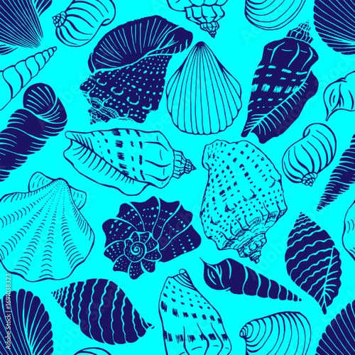 Seamless pattern with shells of different shapes. Hand drawn vector illustration.
