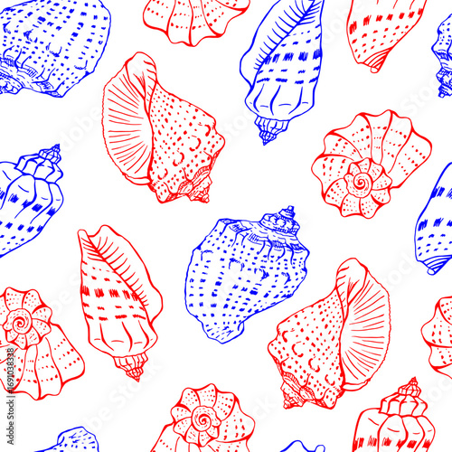 Seashells seamless pattern vector illustration. Hand drawn.