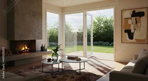 Modern Living Room with Fireplace and Garden View