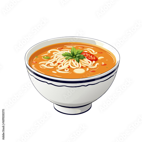 Delicious Creamy Noodle Soup in a White Bowl with Red Trim.