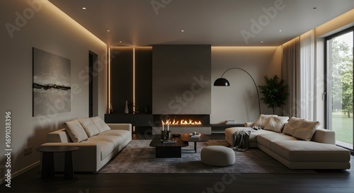 Modern Living Room with Fireplace and Large Window