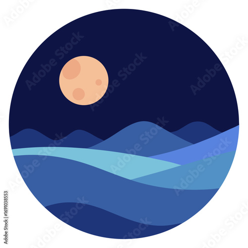 Serene moonlit night landscape vector illustration of coastal hills and water