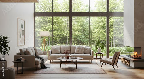 Modern Living Room with Fireplace and Large Windows Overlooking Lush Green Forest