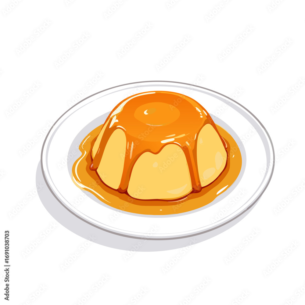 Fototapeta premium Delicious Flan Dessert with Caramel Sauce on White Plate.