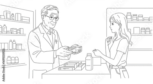 Pharmacist handing medication to a female customer at the pharmacy counter with shelves behind them