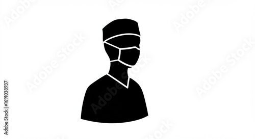Silhouette of a doctor wearing a surgical mask and cap in black and white vector illustration art