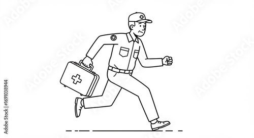 Paramedic running with a first aid kit in a black and white outline style illustration on a white background
