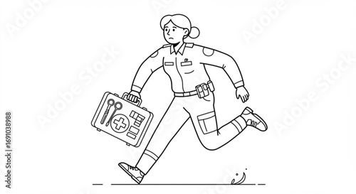 Paramedic running with first aid kit in black and white line art emergency medical response urgent care