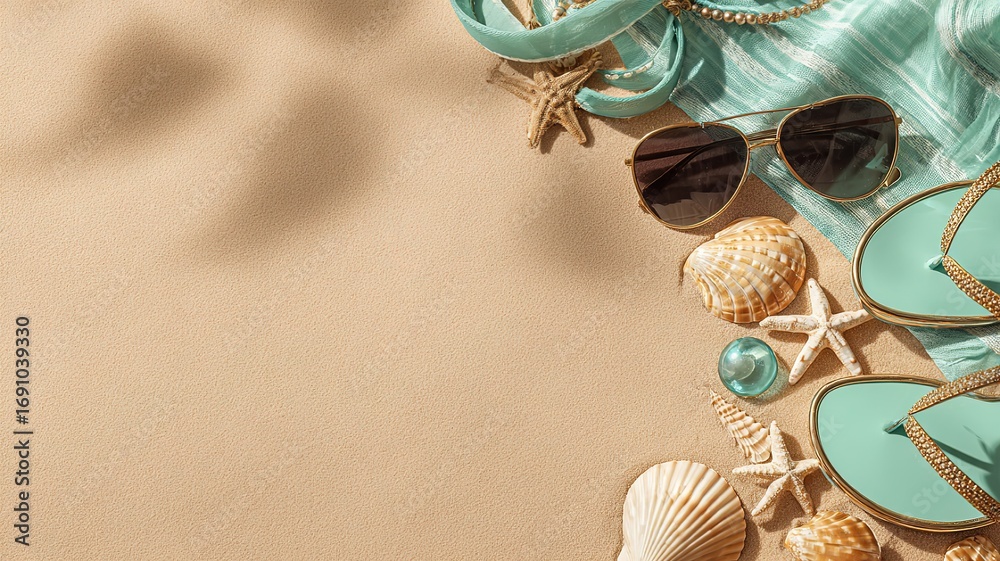 Naklejka premium Ultra realistic detail tropical beach still life artistic arrangement sand starfish seashells turquoise