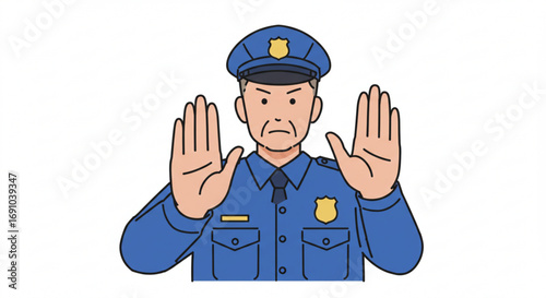 Illustration of a police officer in uniform holding up both hands in a stop gesture on a white background