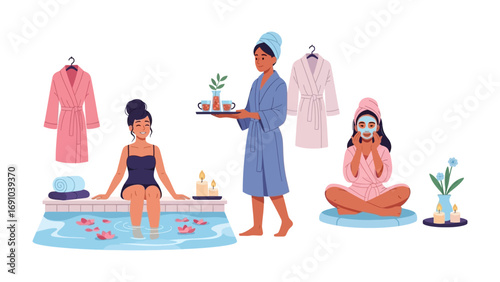 Relaxing spa scene with women enjoying a facial treatment and soaking in a pool with bathrobes and spa accessories displayed