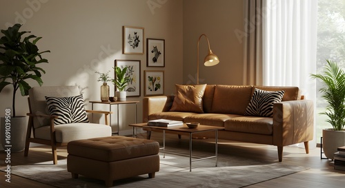 Modern Living Room with Leather Sofa, Armchair, Plants, and Art