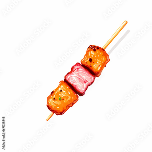 Delicious Skewered Meat Bites with Vibrant Glaze and Green Garnish.