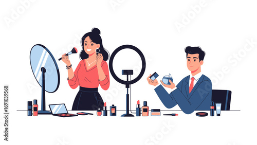 Two diverse influencers a woman and a man creating beauty content with makeup products and ring lights for online streaming