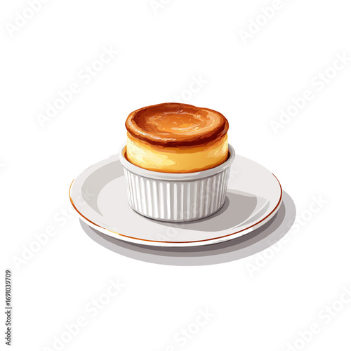 Delicious Souffl in White Ramekin on Plate Vector Illustration.