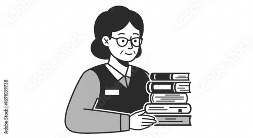 Woman with glasses holding a stack of books in a library setting with a professional appearance and smile