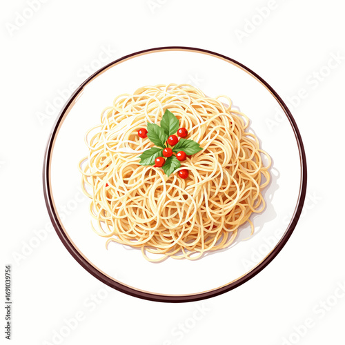 Delicious Spaghetti Pasta Dish Garnished with Fresh Herbs and Berries.