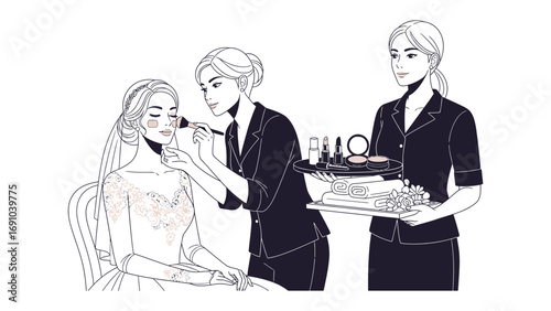 Professional makeup artist applying cosmetics to a woman s face while another assistant holds a tray of beauty products and tools