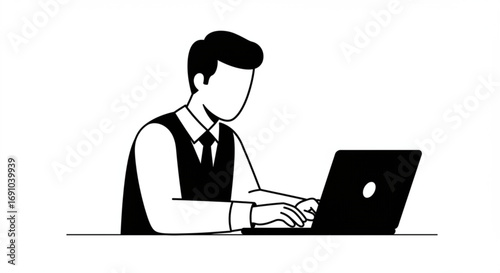 A faceless man in vest and tie is working on his laptop with a white background in black and white