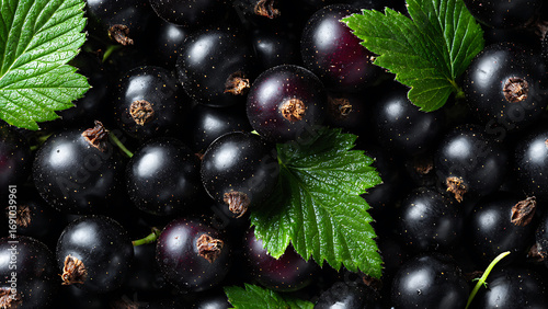 Lustrous Blackcurrant Jewels with Glistening Specks and Fresh Green Leaves