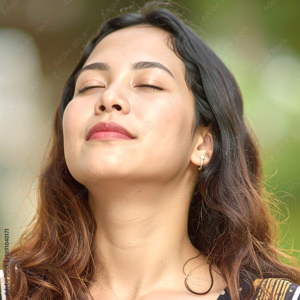 Naklejka premium Woman with closed eyes, relaxed expression