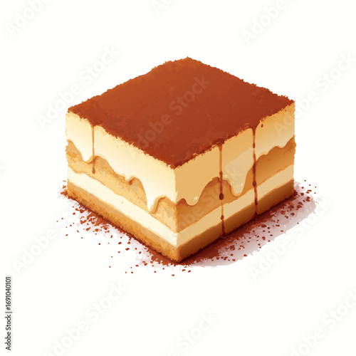 Delicious Tiramisu Dessert Slice with Cocoa Powder and Dripping Sauce.