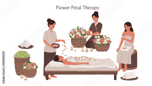 Serene floral spa treatment with herbal compress massage and therapeutic flower petals for relaxation and wellness