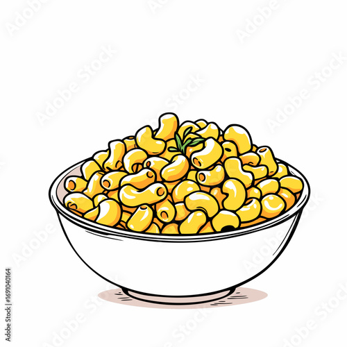 Delicious yellow macaroni and cheese with black olives and herb in a white bowl cartoon illustration.