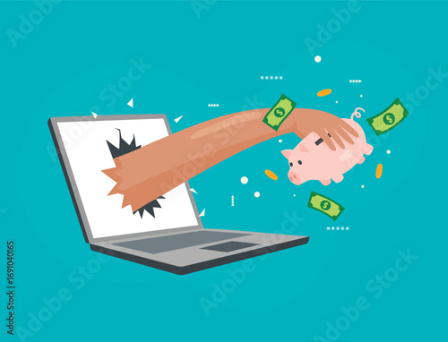 Flat Illustration About Cybercrime And Data Theft - An Illustration of a Hand Stealing a Piggy Bank from a Laptop, Representing Online Fraud and Internet Security