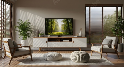 Modern Living Room with Natural Light and Forest Scene on TV