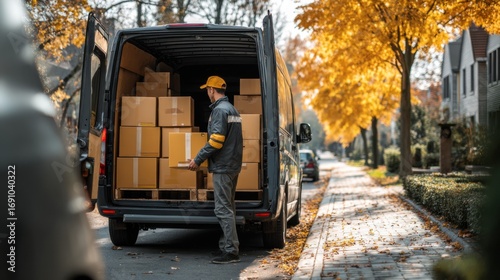 Delivery person unloading packages from van on a sunny autumn day in a residential neighborhood