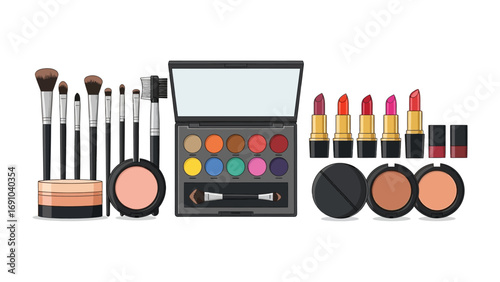 A vibrant collection of makeup essentials including a colorful eyeshadow palette lipstick brushes blush and bronzer displayed on a white background