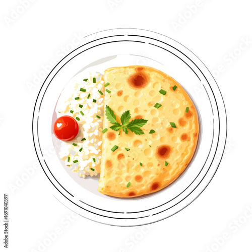Deliciously Illustrated Naan Bread with Rice and Garnishes on Plate.
