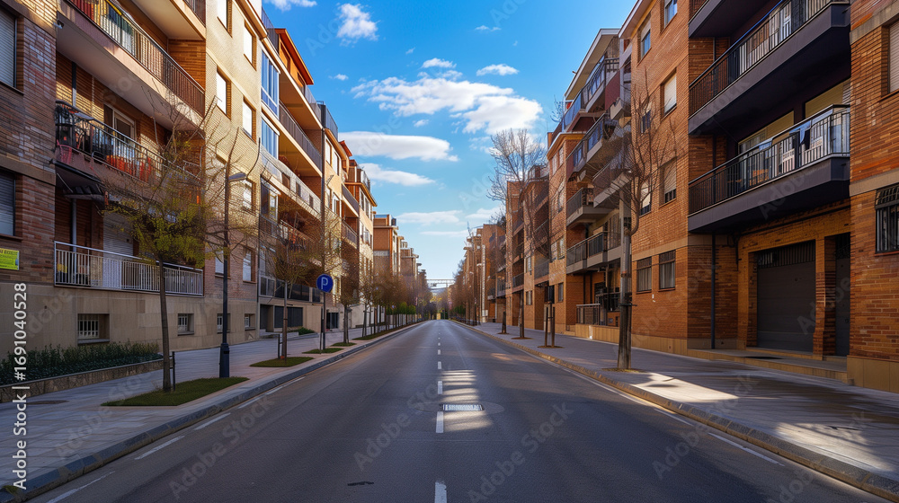 Obraz premium Residential urban street with medium-height apartment buildings, balconies, asphalted road with sidewalks and trees, sunny spring day in Spain, realistic architectural photography. 