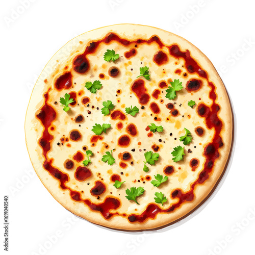 Deliciously Topped Round Pizza with Fresh Green Herbs and Red Sauce.