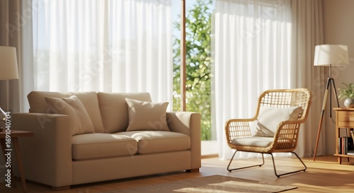 Modern Living Room with Natural Light and Rattan Chair