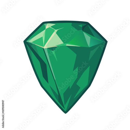 Faceted Green Emerald Gemstone with Sharp Edges and Light Reflections.