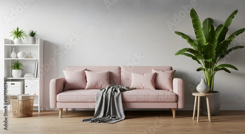 Modern Living Room with Pink Sofa, Bookshelf, and Large Plant