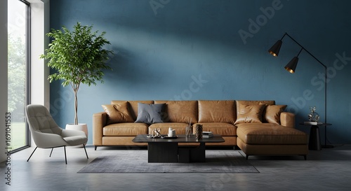 Modern Living Room with Tan Leather Sectional Sofa, Accent Chair, and Blue Textured Wall