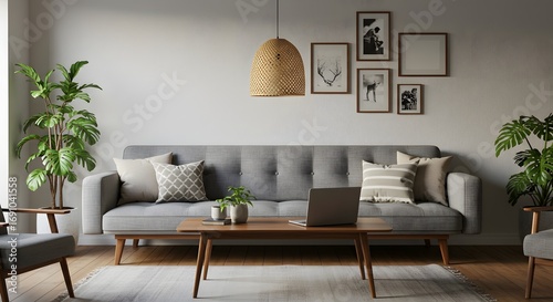Modern Living Room with Sofa, Armchairs, Plants, and Artwork