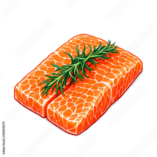 Fresh Salmon Fillet Topped with Rosemary Sprig Detailed Illustration.
