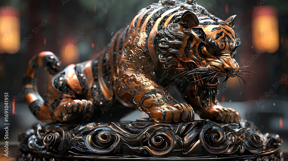 Fototapeta premium An exquisite bronze tiger statue stands proudly, radiating power and artistry, embodying strength and majesty, captured against a soft, blurred backdrop.