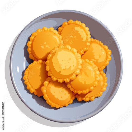 Golden fried pastries with crimped edges and white filling served on a white plate top view.