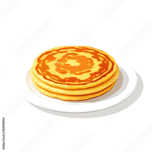 Golden stack of four fluffy pancakes on a white plate featuring distinct cooked spots in a vibrant vector illustration style.