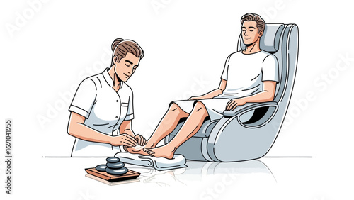 Professional male spa technician meticulously performs a relaxing foot massage and pedicure for a male client seated in a comfortable salon chair