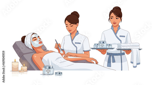Skilled beautician applying a soothing facial mask to a relaxed client while another therapist prepares skincare treatments and tools for spa services