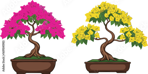 Pink bonsai tree with vibrant flowers, yellow bonsai tree in bloom, artistic twisted trunks, decorative miniature plants, floral gardening, ornamental indoor display
